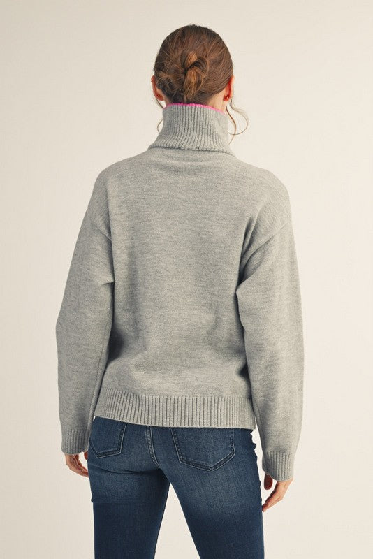 Heather Grey Contrast Collar Half Zip Sweater