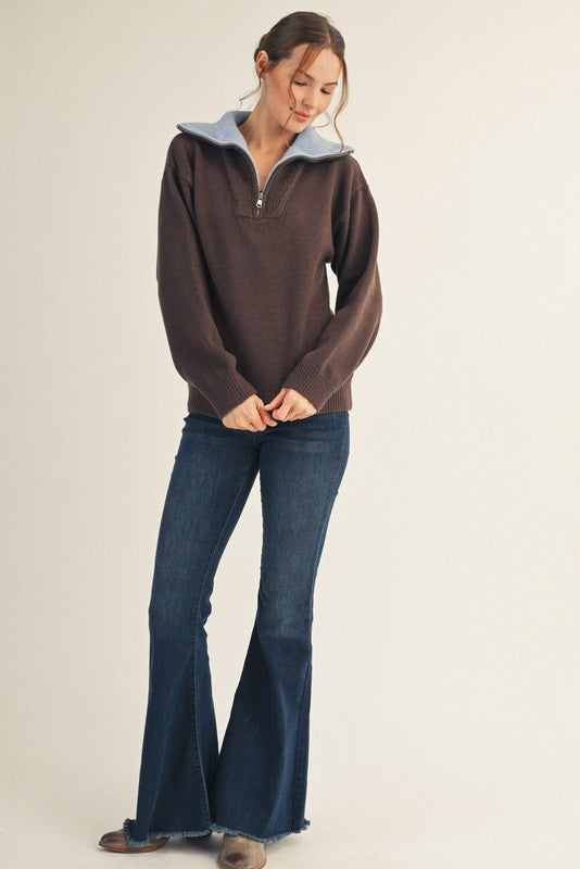 Brown Contrast Collar Half Zip Sweater