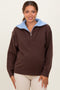 Brown Contrast Collar Half Zip Maternity Sweater