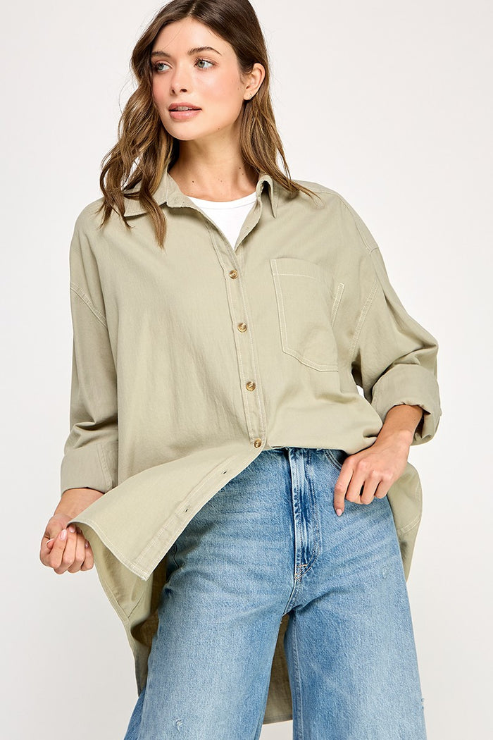 Light Olive Chambray Button Down Top
