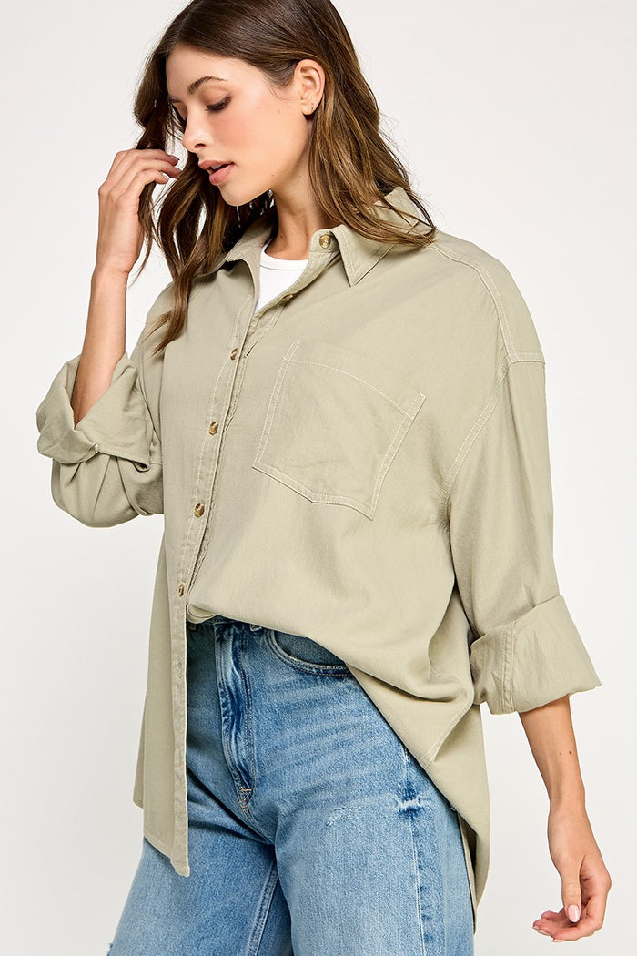 Light Olive Chambray Button Down Top