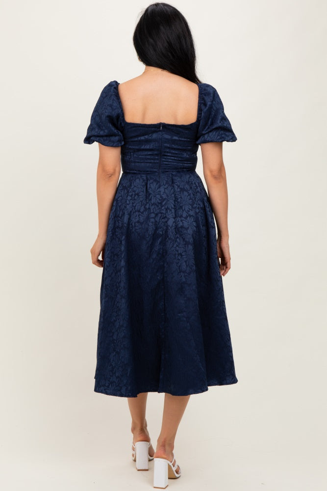 Navy Floral Jacquard Puff Sleeve Midi Dress