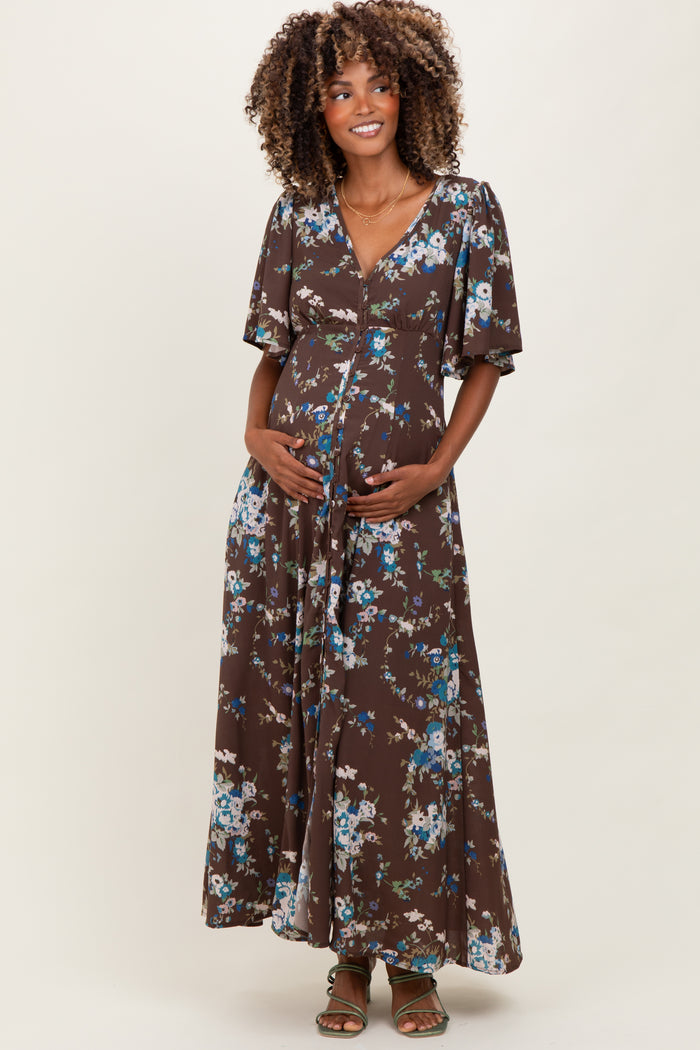 Brown Floral Flutter Button Down Maternity Maxi Dress