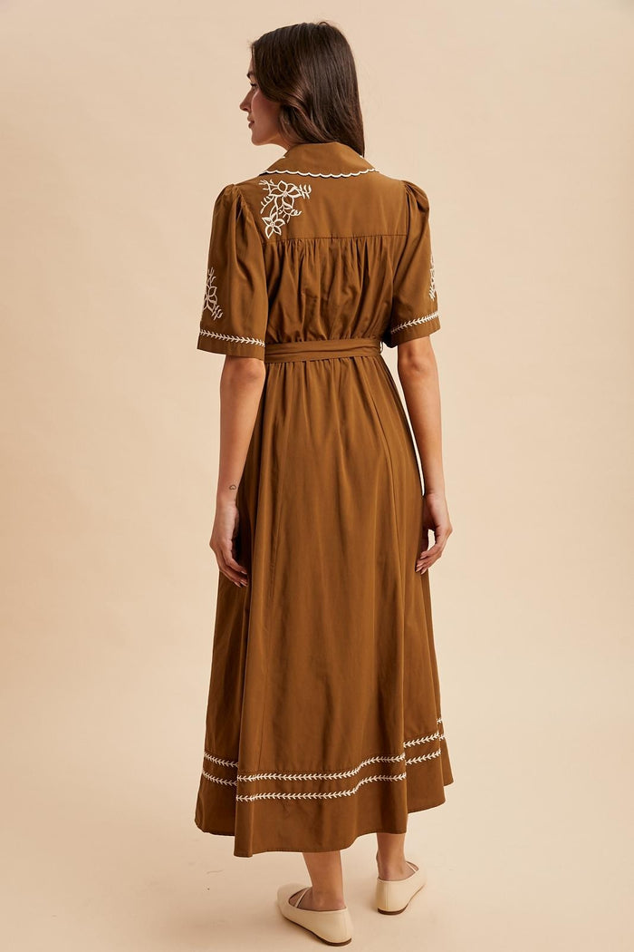 Brown Embroidered Button Down Maxi Dress