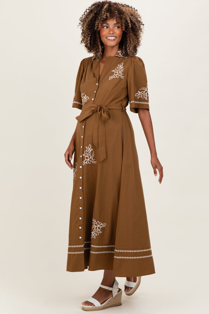 Brown Embroidered Button Down Maternity Maxi Dress
