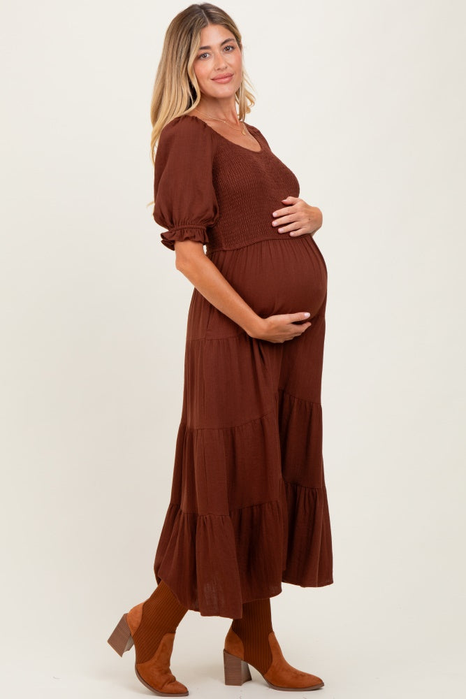 Brown Smocked Tiered Maternity Maxi Dress