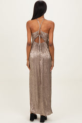 Mocha Gold Gold Foiled Plunging Maxi Dress