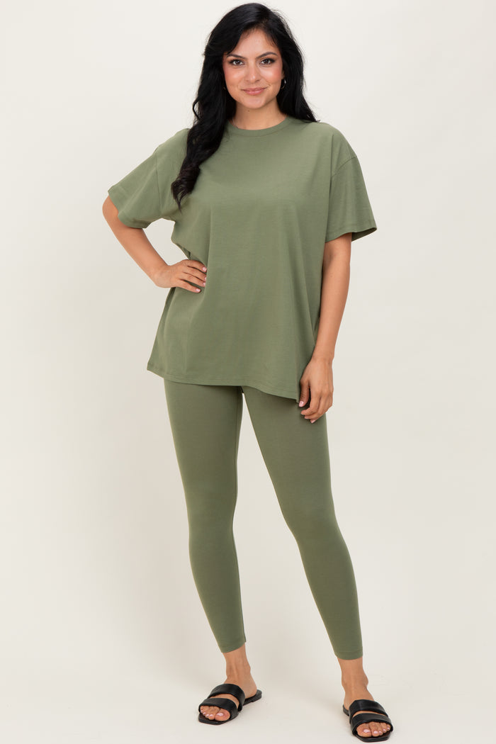 Light Olive Oversized Crewneck Short Sleeve and Legging Maternity Set
