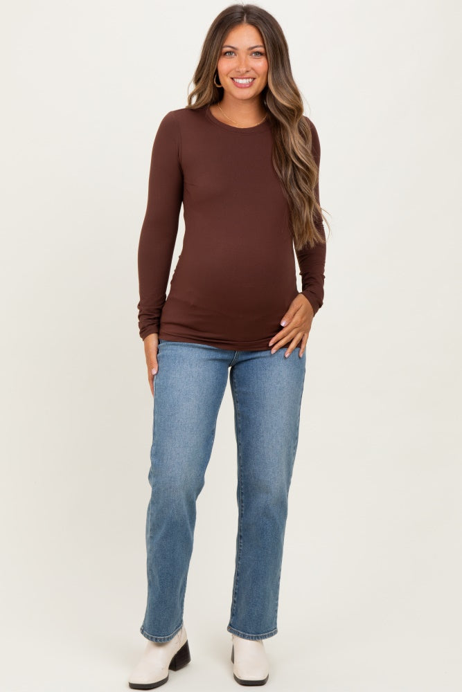Brown Basic Long Sleeve Maternity Top