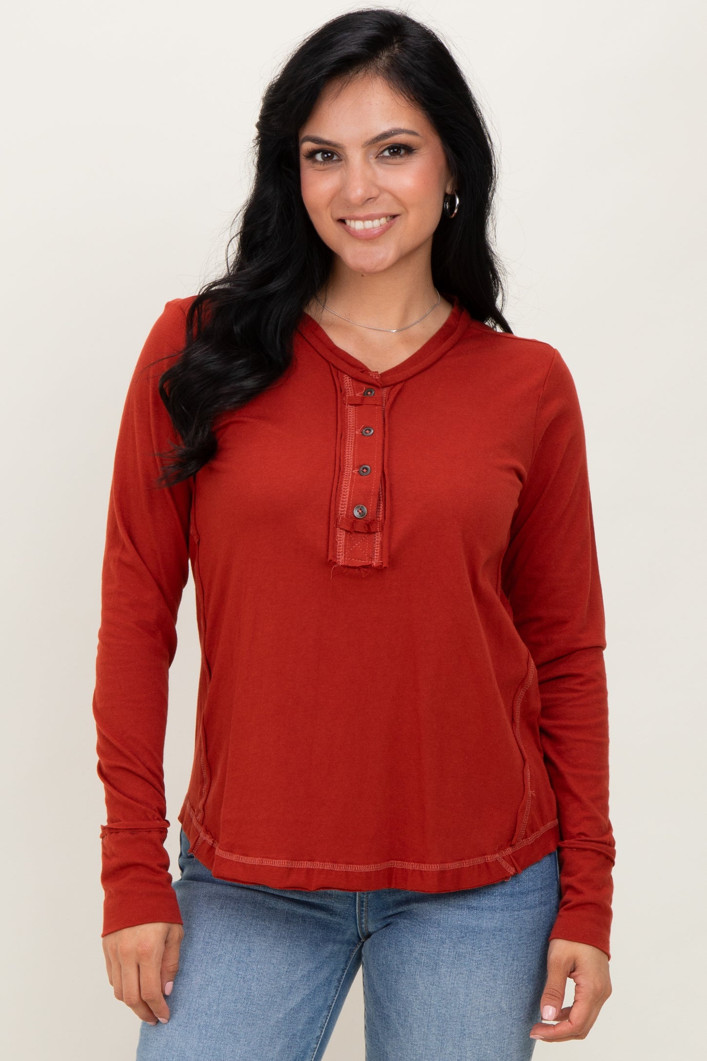 RustLong Sleeve Exposed Seam Top