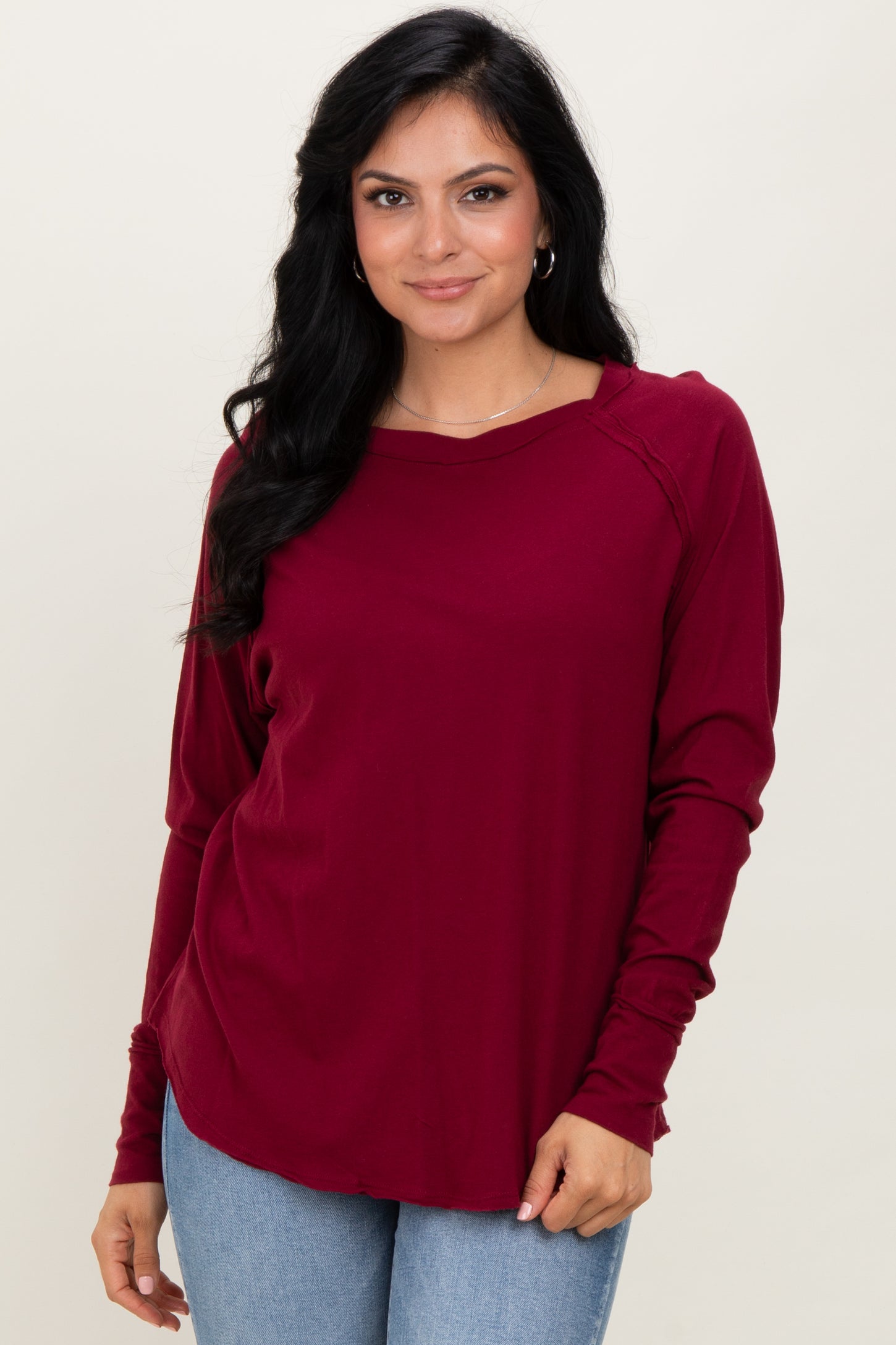 Burgundy Exposed Seam Long Sleeve Top