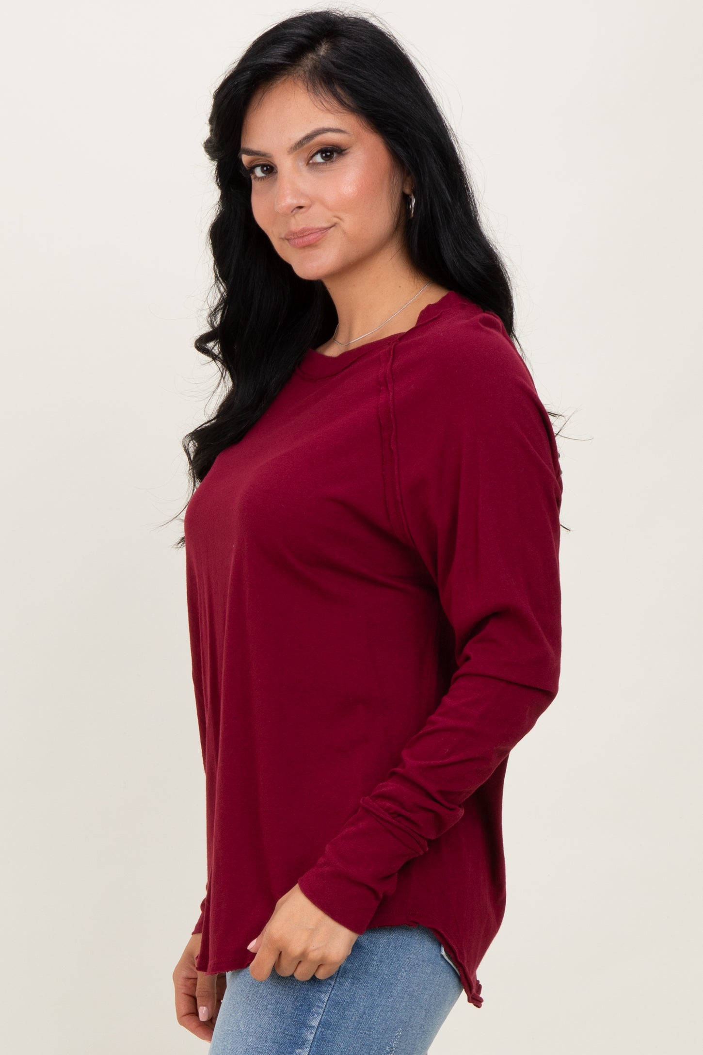 Burgundy Exposed Seam Long Sleeve Top