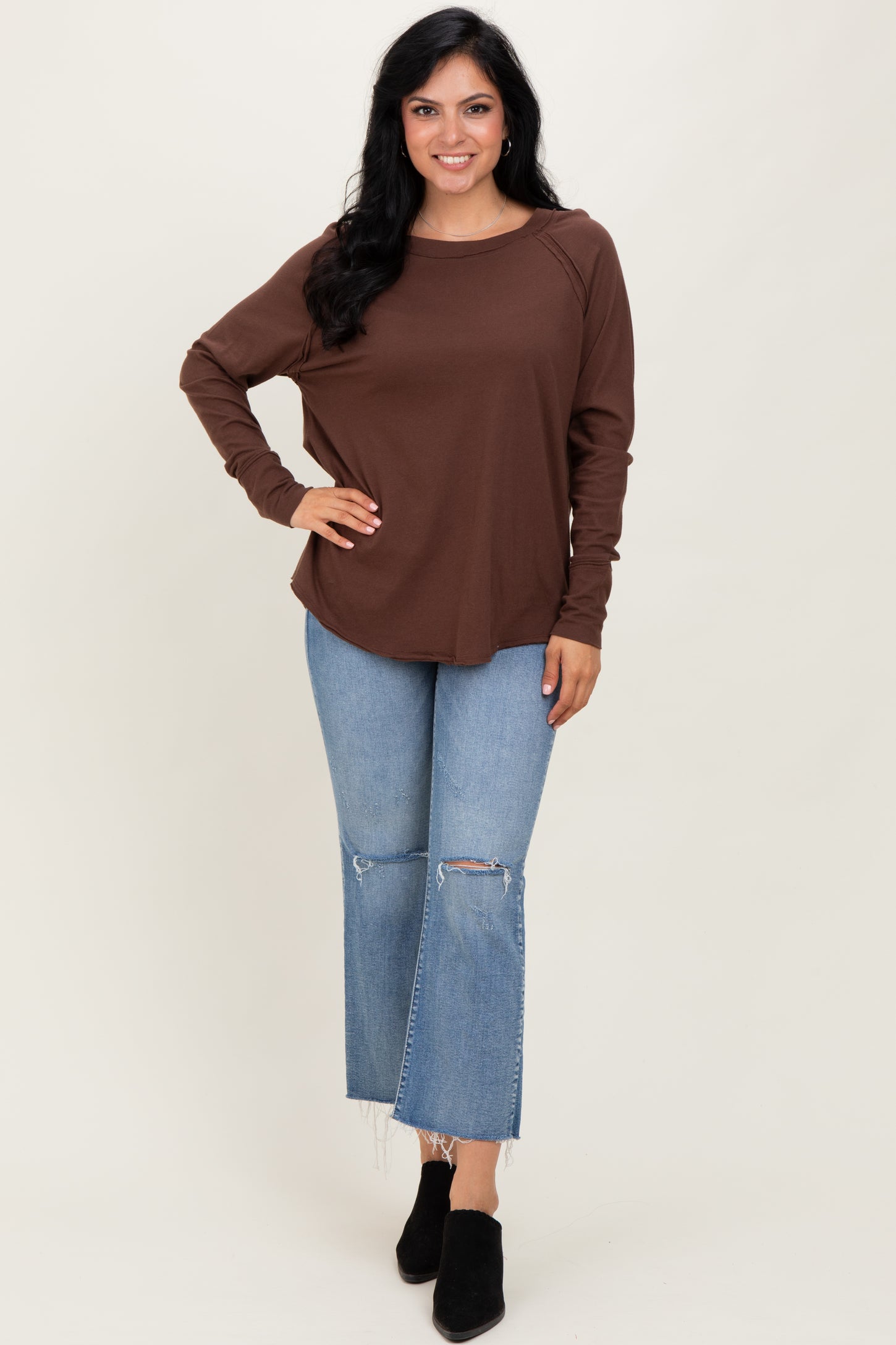Brown Exposed Seam Long Sleeve Top