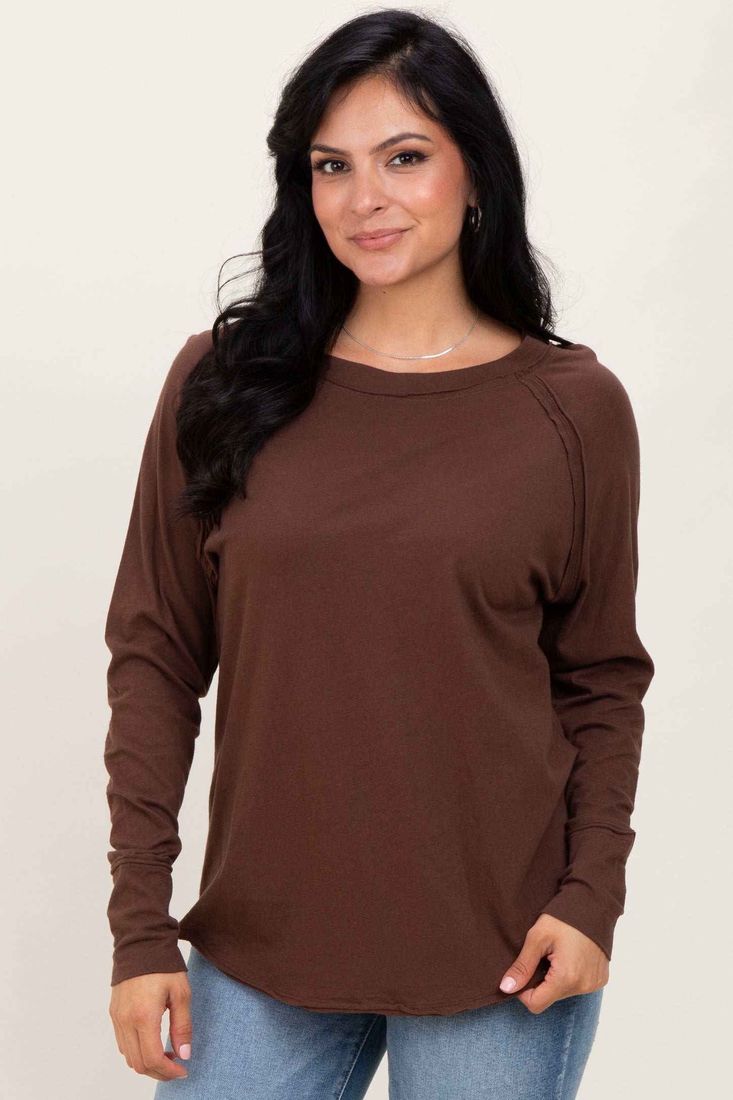 Brown Exposed Seam Long Sleeve Top