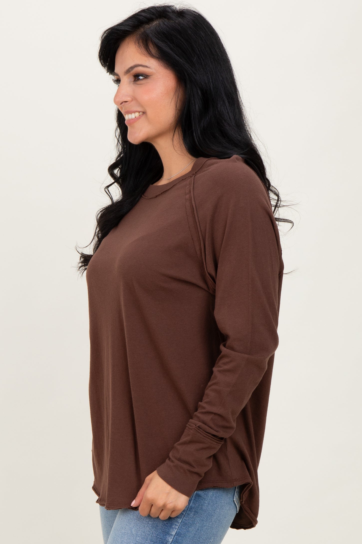Brown Exposed Seam Long Sleeve Top