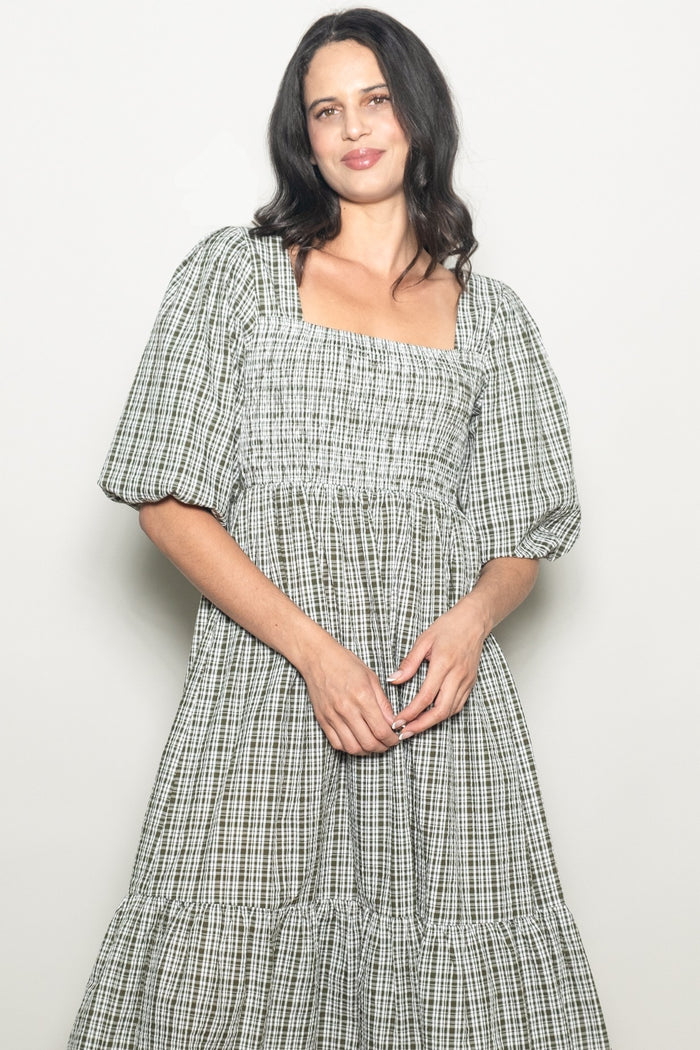 Sage Plaid  Bubble Sleeve Dress
