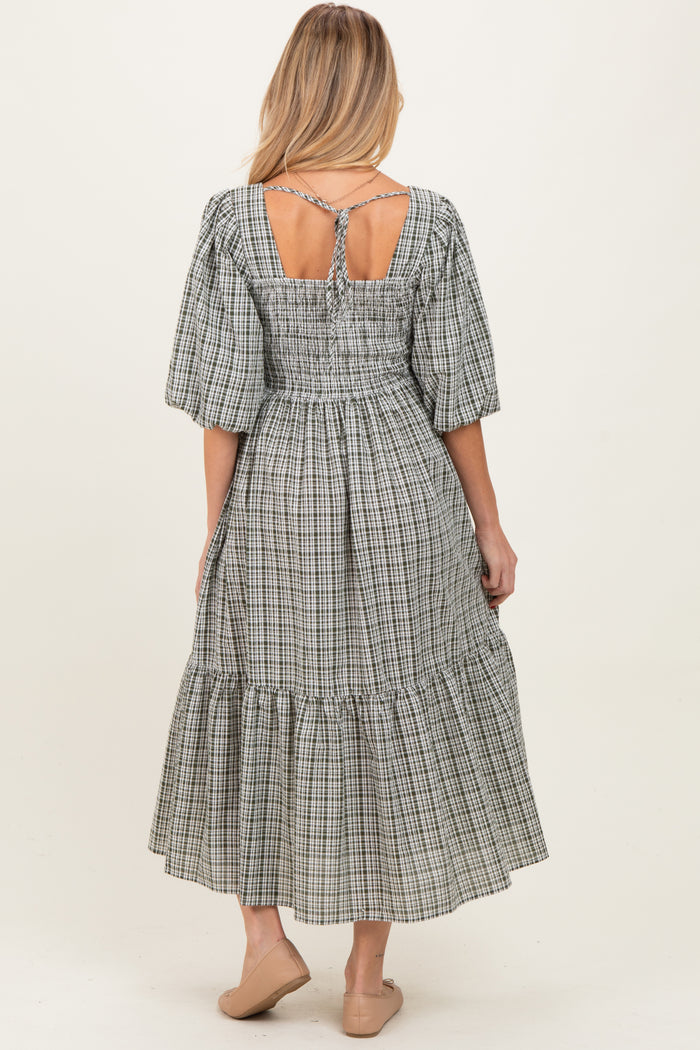 Sage Plaid  Bubble Sleeve Maternity Dress