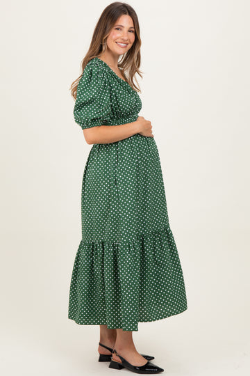 Green Polka Dots V Neck Flowy Maternity Dress