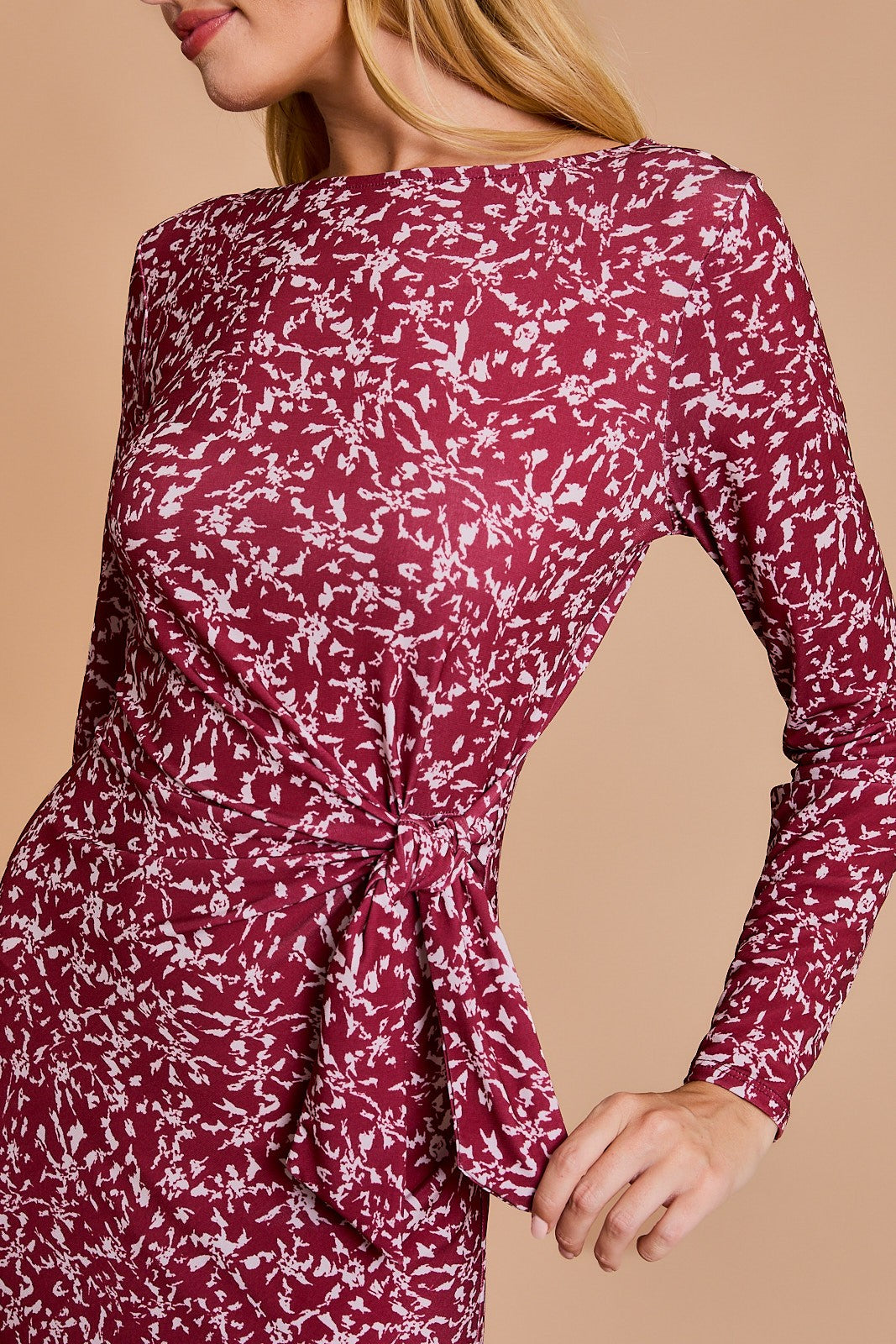 Wine Abstract Waist Tie Detail Long Sleeve Midi Dress