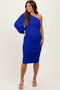 Royal Blue Ruched Mesh One Shoulder Long Sleeve Maternity Midi Dress