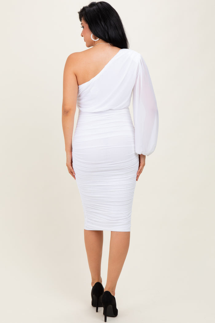 woman wearing a white one-shoulder bodycon dress with a balloon sleeve and gathered detailing