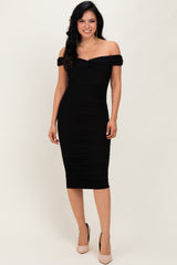 Black Mesh Off Shoulder Twist Front Midi Dress