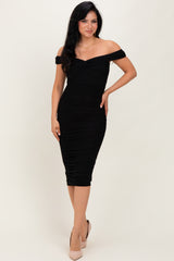 Black Mesh Off Shoulder Twist Front Midi Dress