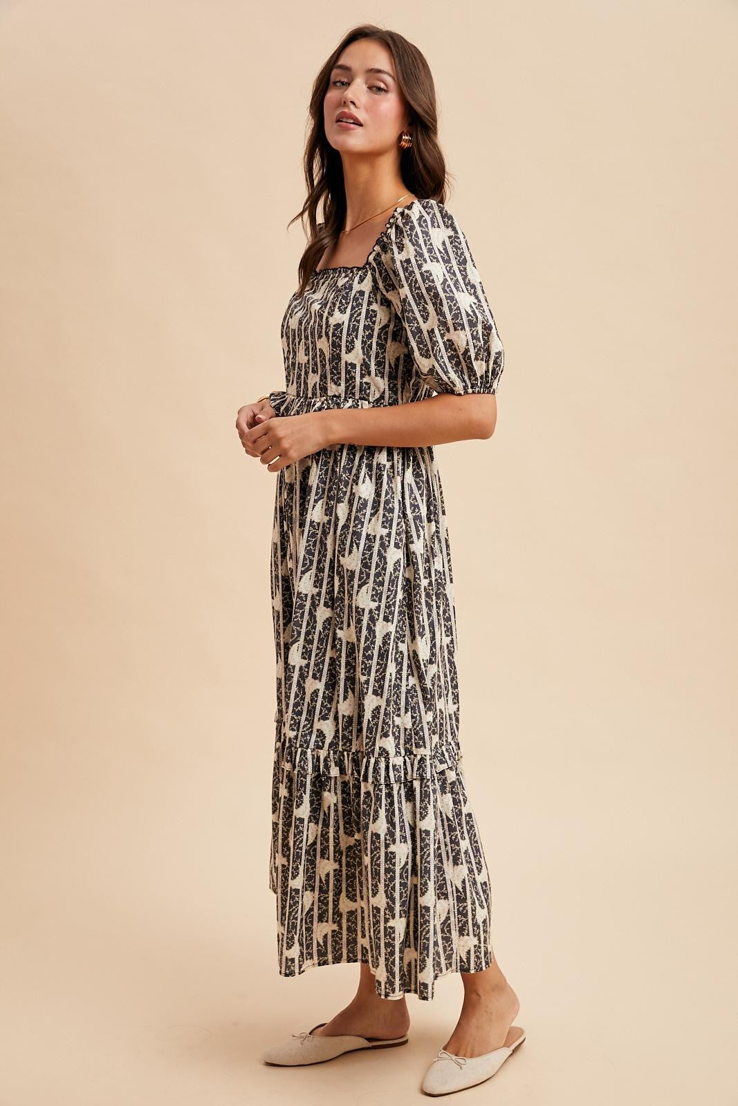 Navy Floral Stripe Ruffle Accent Midi Dress