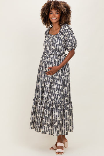 Navy Floral Stripe Ruffle Accent Maternity Midi Dress