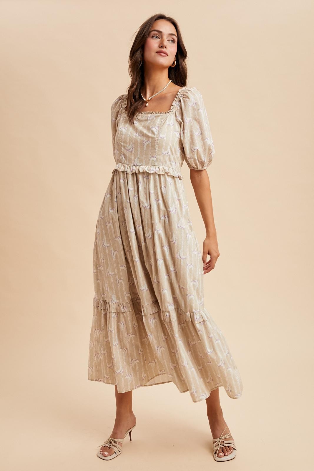 Taupe Floral Stripe Ruffle Accent Midi Dress