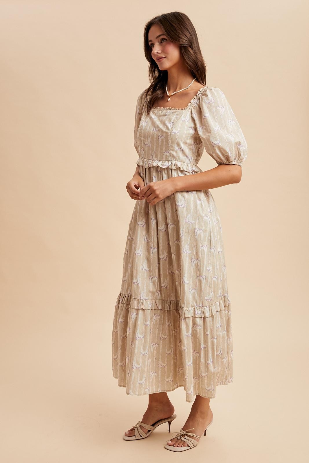 Taupe Floral Stripe Ruffle Accent Midi Dress