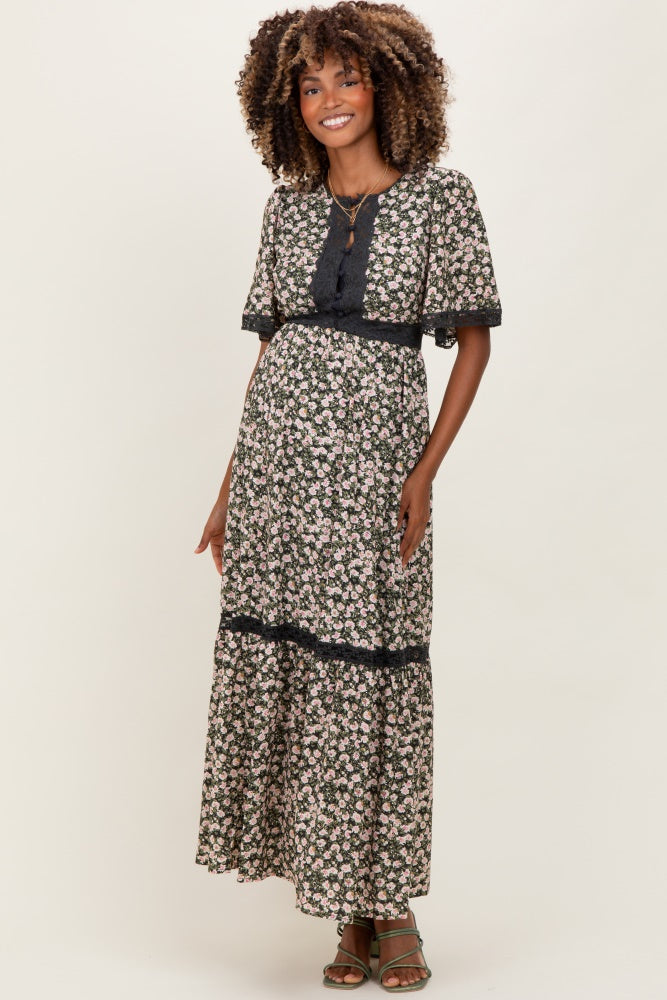 Black Rose Floral Lace Inset Button Up Maternity Maxi Dress