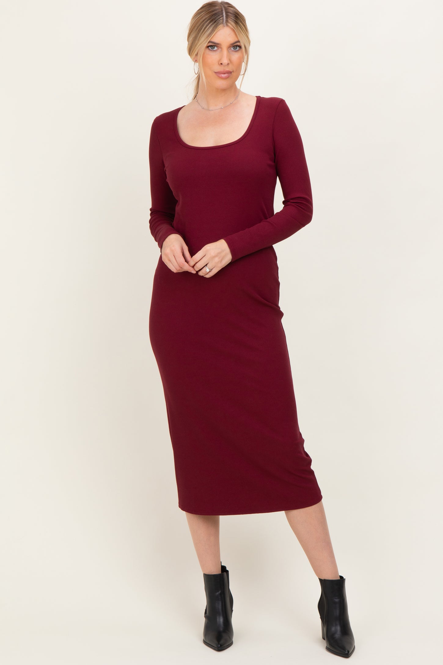 Burgundy Scoop Neck Long Sleeve Maternity Midi Dress