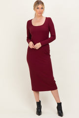 Burgundy Scoop Neck Long Sleeve Midi Dress