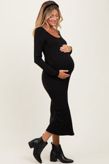 Black Scoop Neck Long Sleeve Maternity Midi Dress