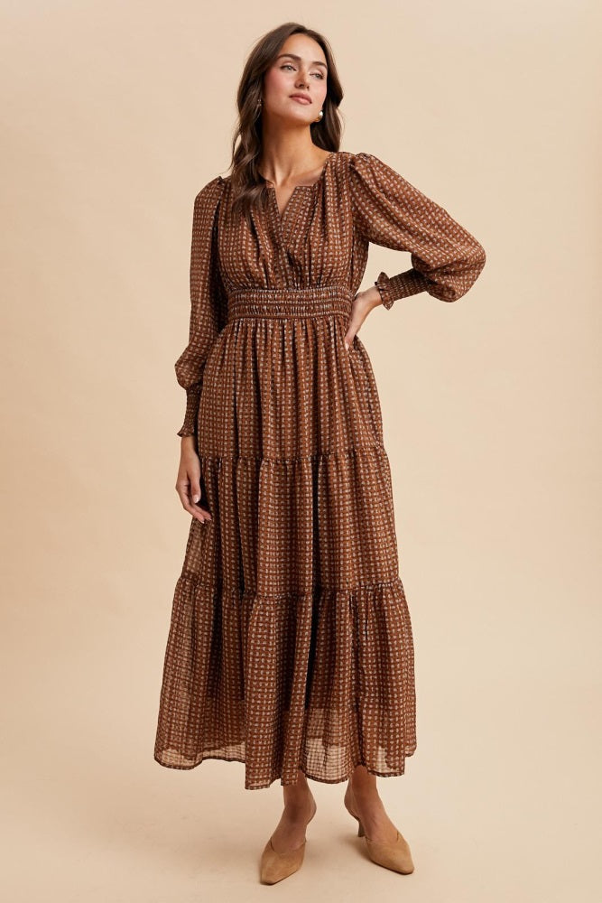 Mocha Printed Smocked Waist Tiered Maternity Maxi Dress