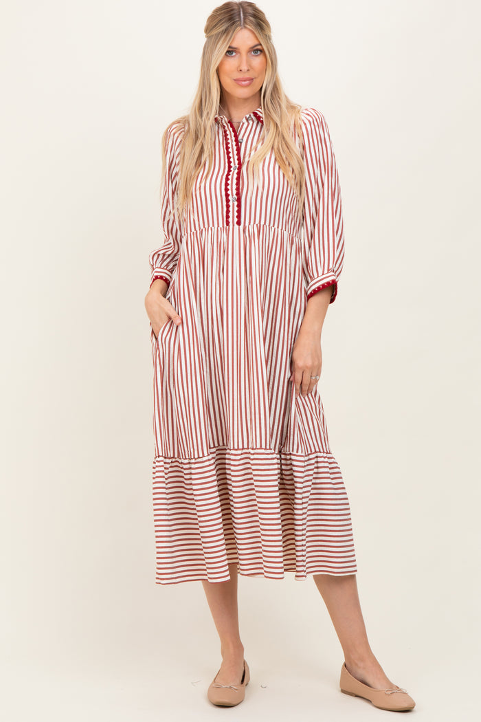 Rust Striped Scallop Trim 3/4 Sleeve Maternity Midi Dress