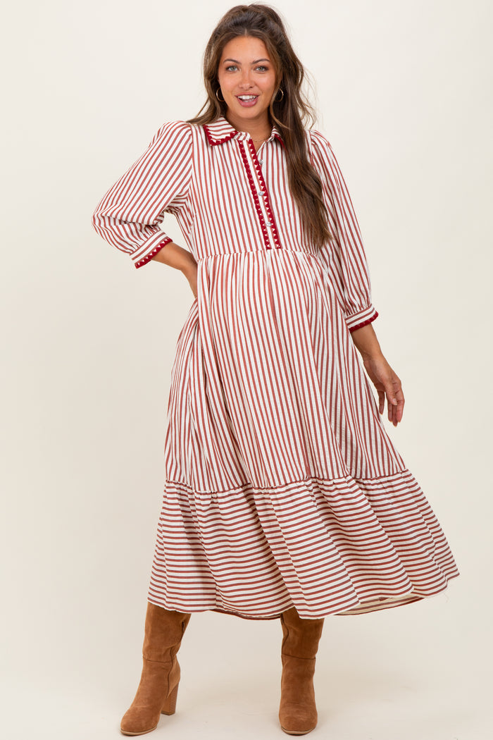 Rust Striped Scallop Trim 3/4 Sleeve Maternity Midi Dress