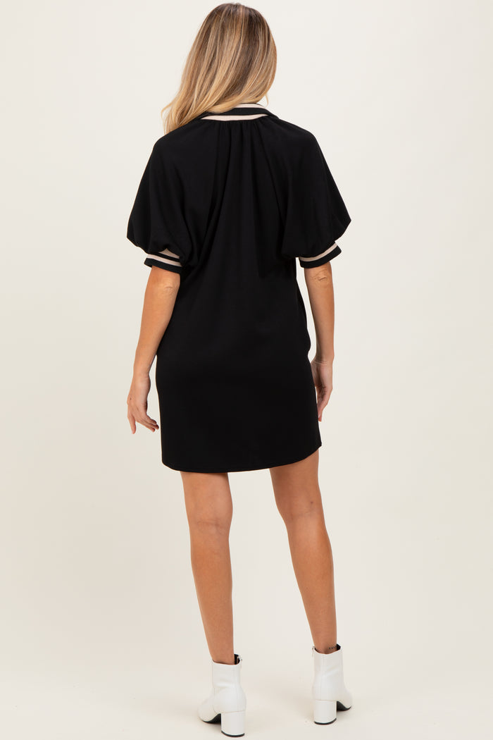 Black Half Zip Puff Sleeve Maternity Mini Dress