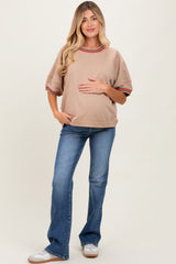 Beige Contrast Trim Short Sleeve Maternity Pullover