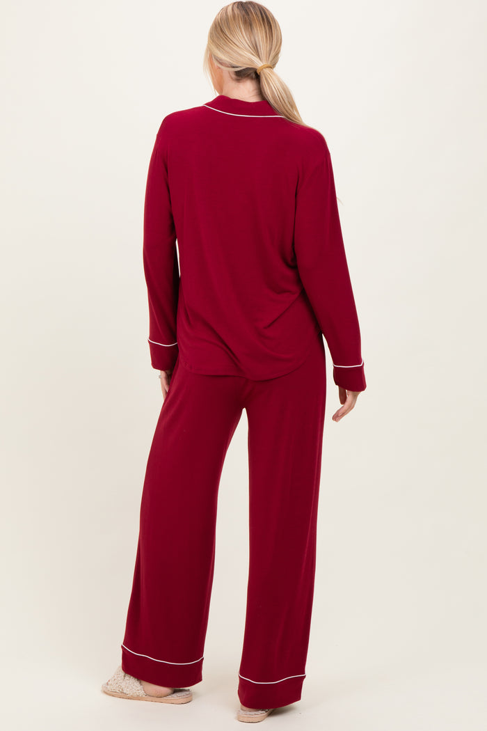 Burgundy Button Down Top Wide Leg Pant Pajama Set