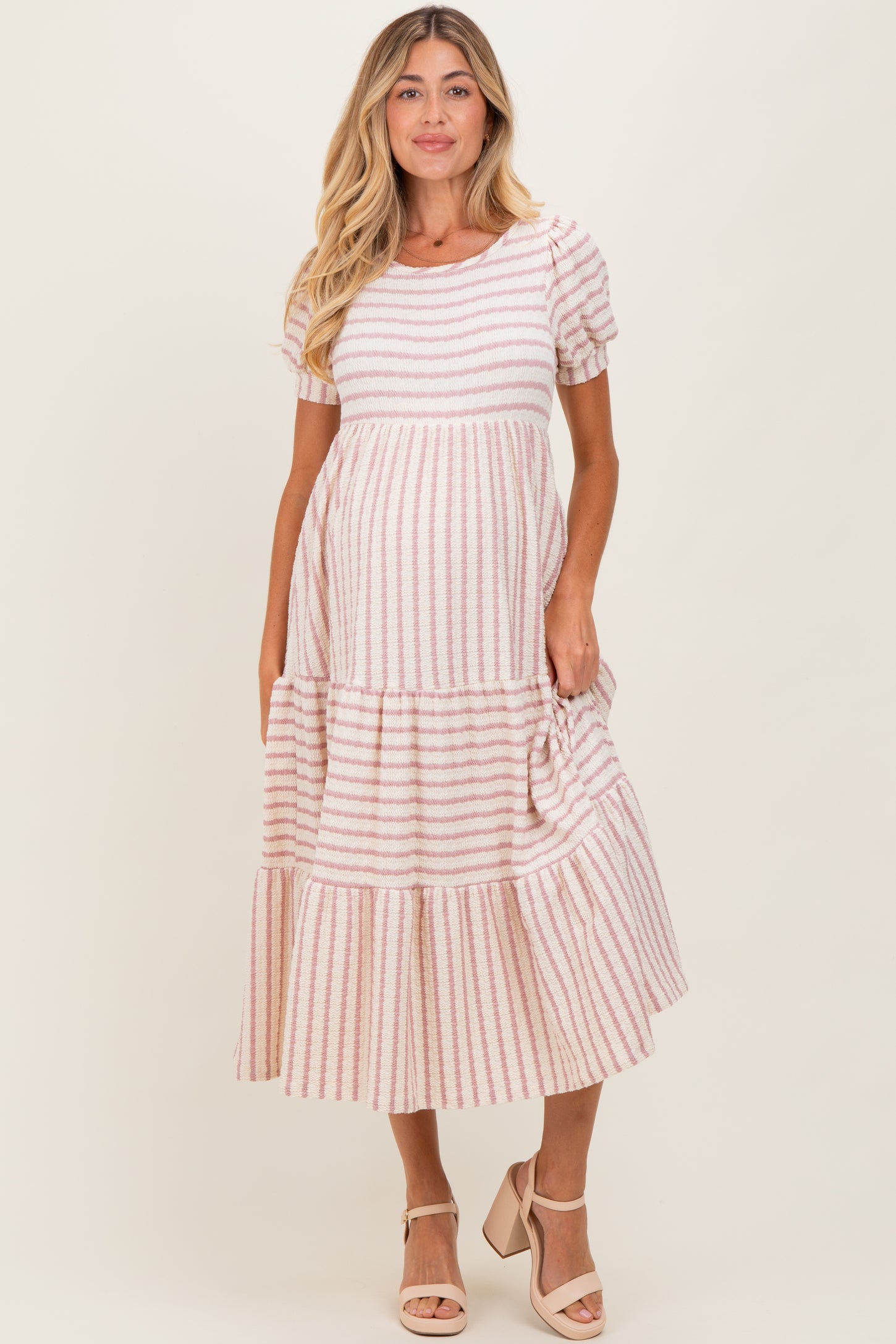 Cream/Mauve Striped Short Sleeve Tiered Maternity Maxi Dress