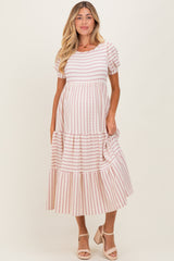 Cream/Mauve Striped Short Sleeve Tiered Maternity Maxi Dress