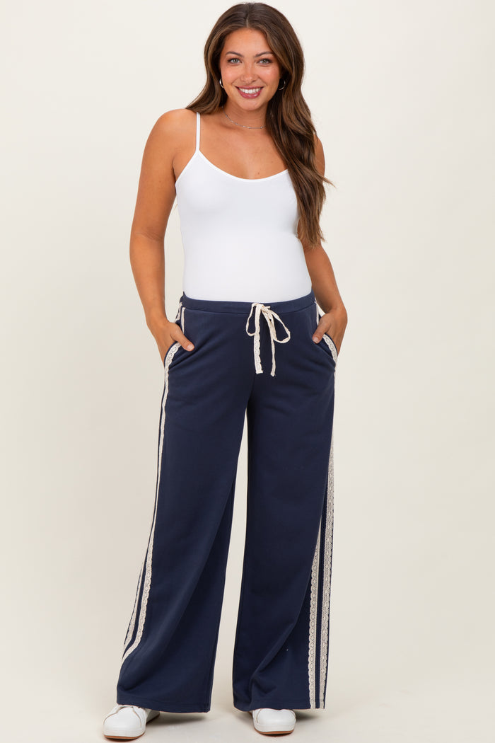 Navy Lace Stripe Drawstring Maternity Lounge Pants