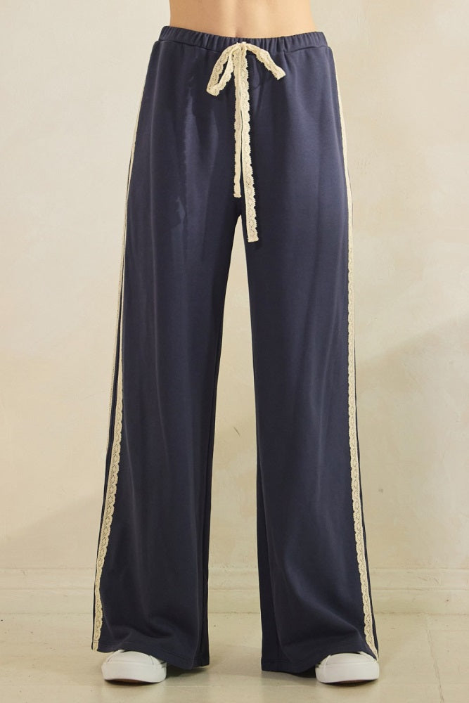 Navy Lace Stripe Drawstring Lounge Pants