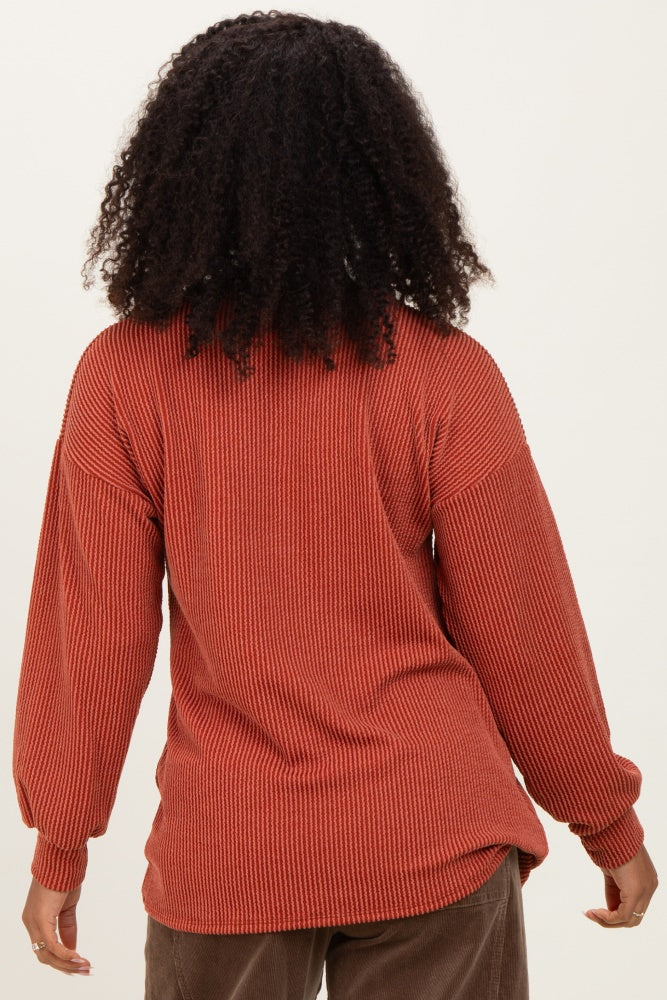 Rust Puff Sleeve Solid Ribbed Top
