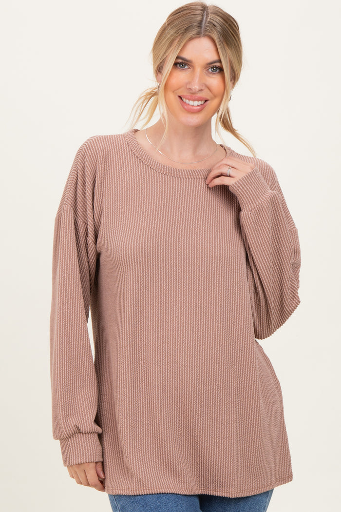 Taupe Puff Sleeve Solid Ribbed Top