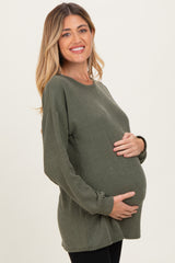 Olive Puff Sleeve Solid Ribbed Maternity Top