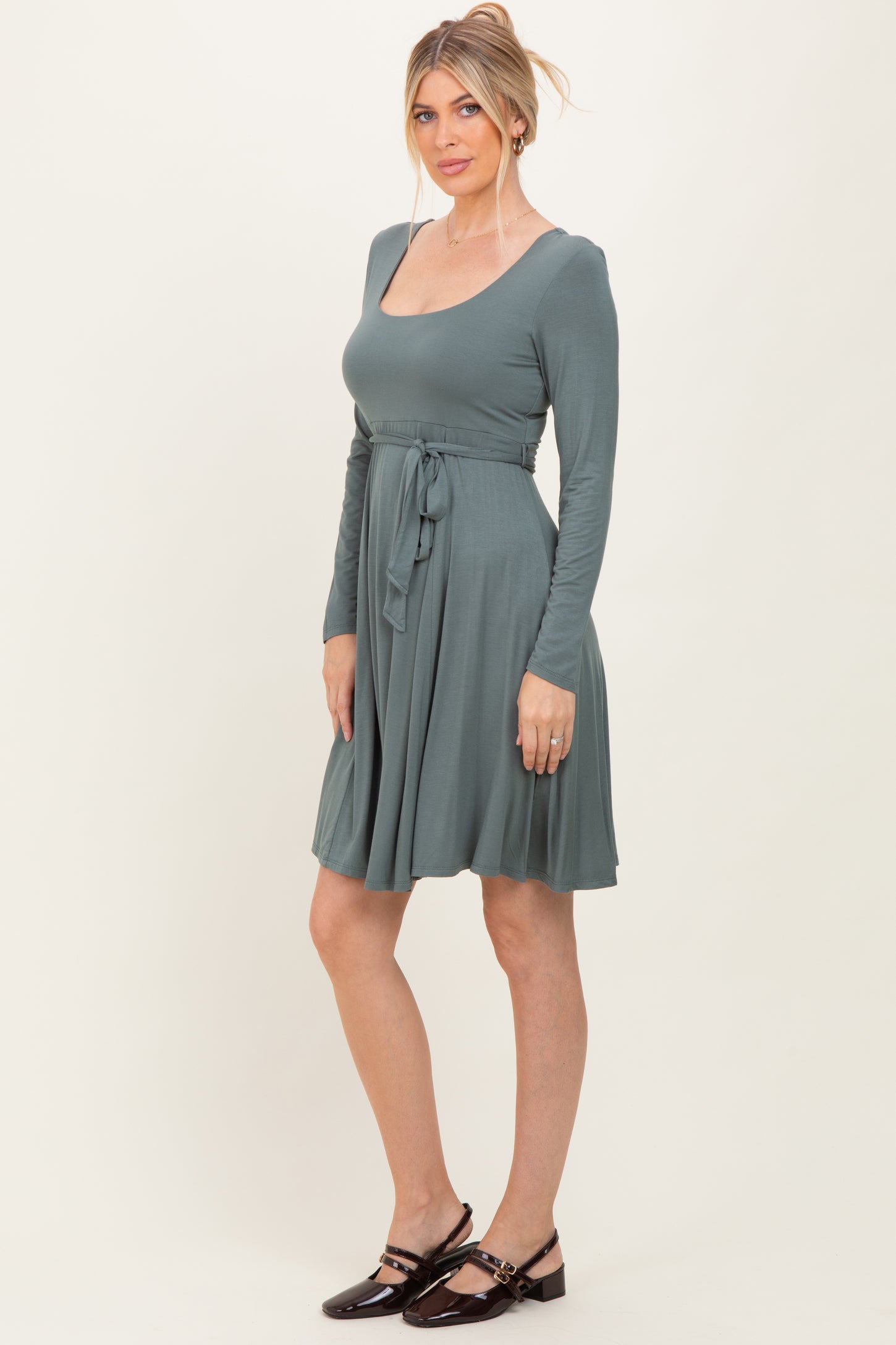 Olive Scoop Neck Long Sleeve Waist Tie Dress