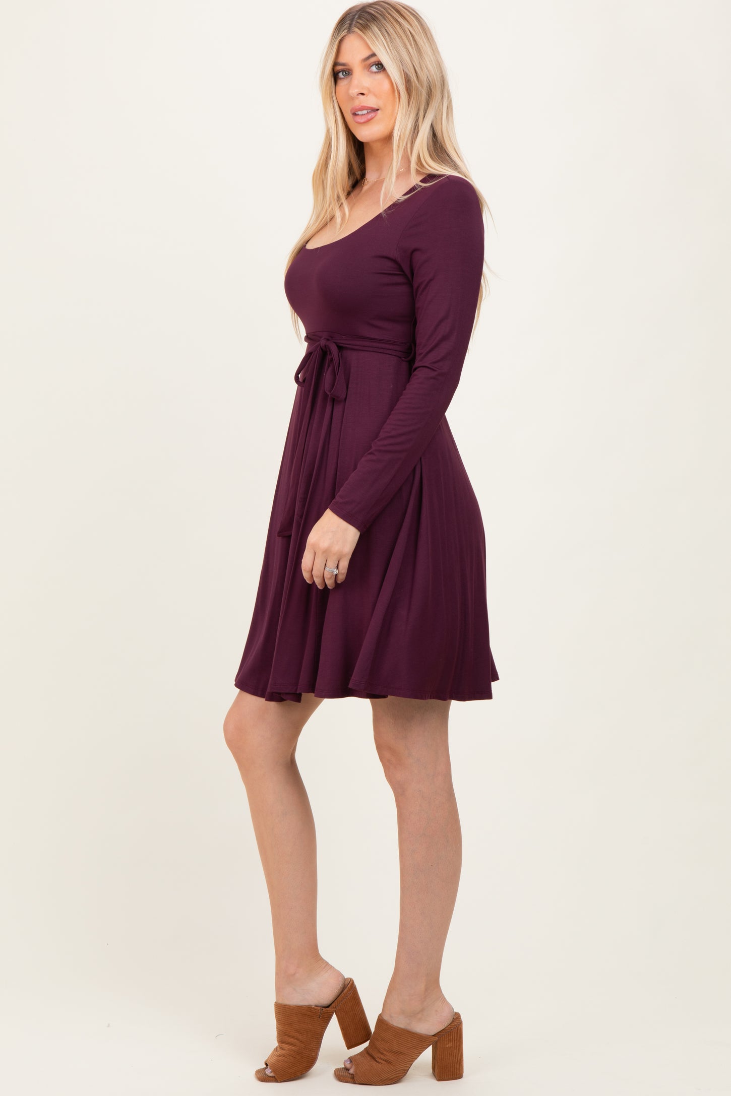 Plum Scoop Neck Long Sleeve Waist Tie Dress